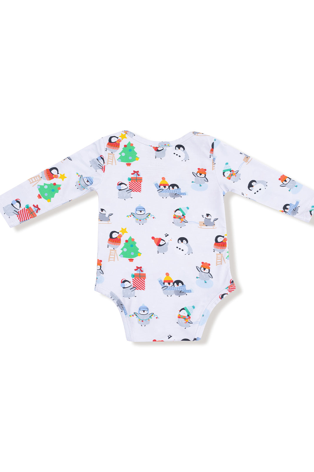 Baby bodysuit with long sleeves featuring playful penguin and holiday-themed prints.