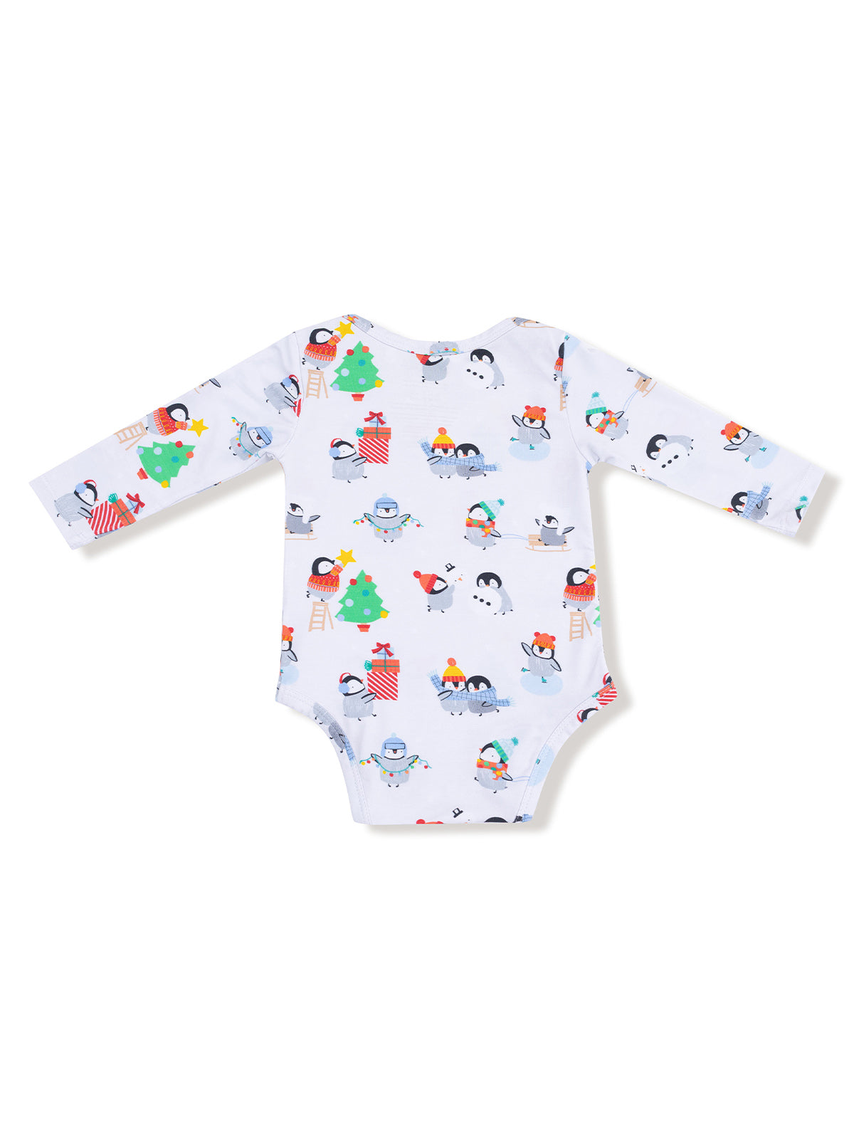 Baby bodysuit with long sleeves featuring playful penguin and holiday-themed prints.
