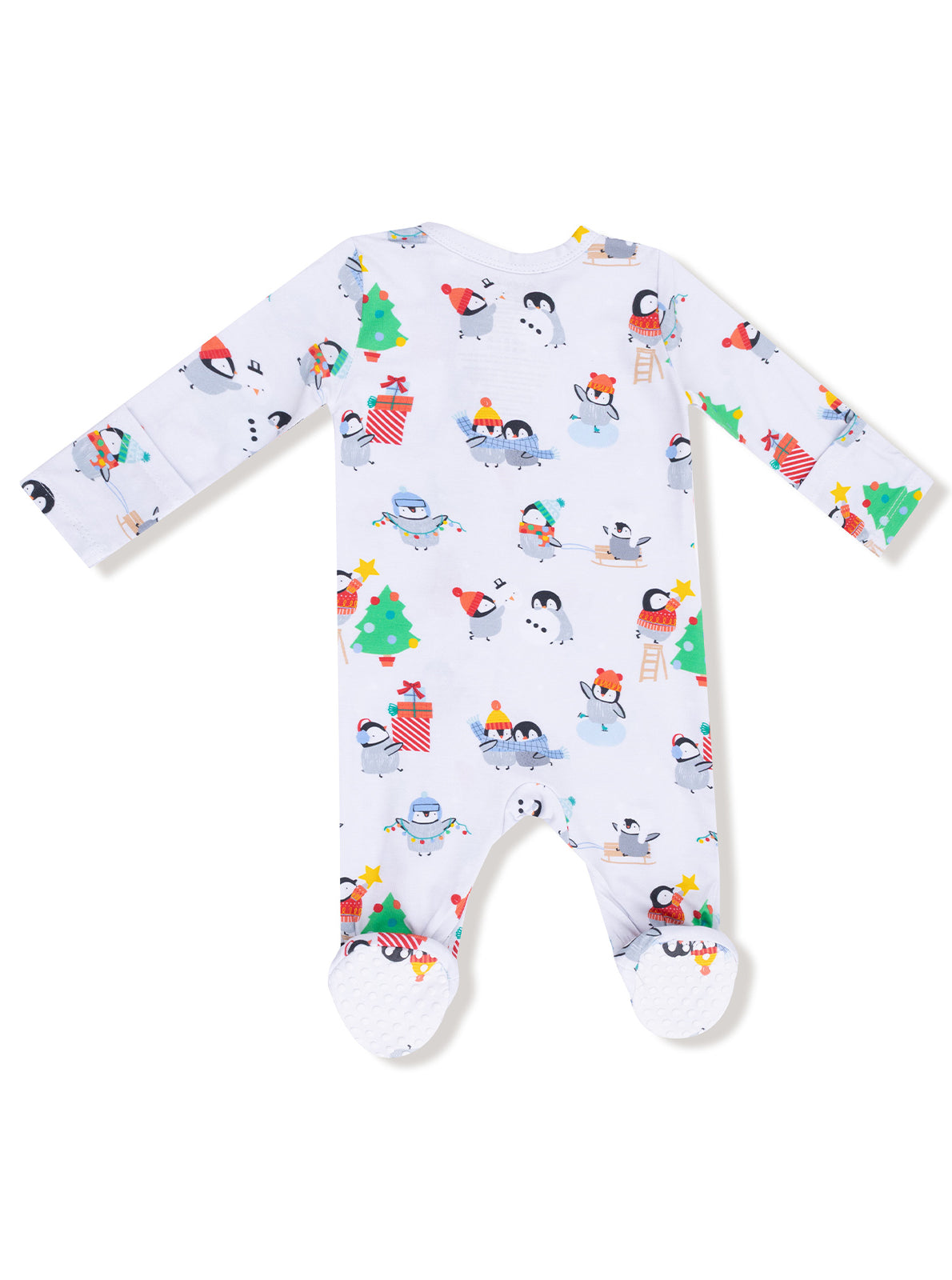 White baby onesie with colorful penguin and holiday-themed patterns on the back.