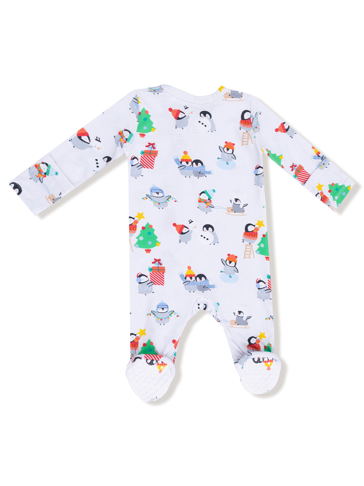 White baby onesie with colorful penguin and holiday-themed patterns on the back.