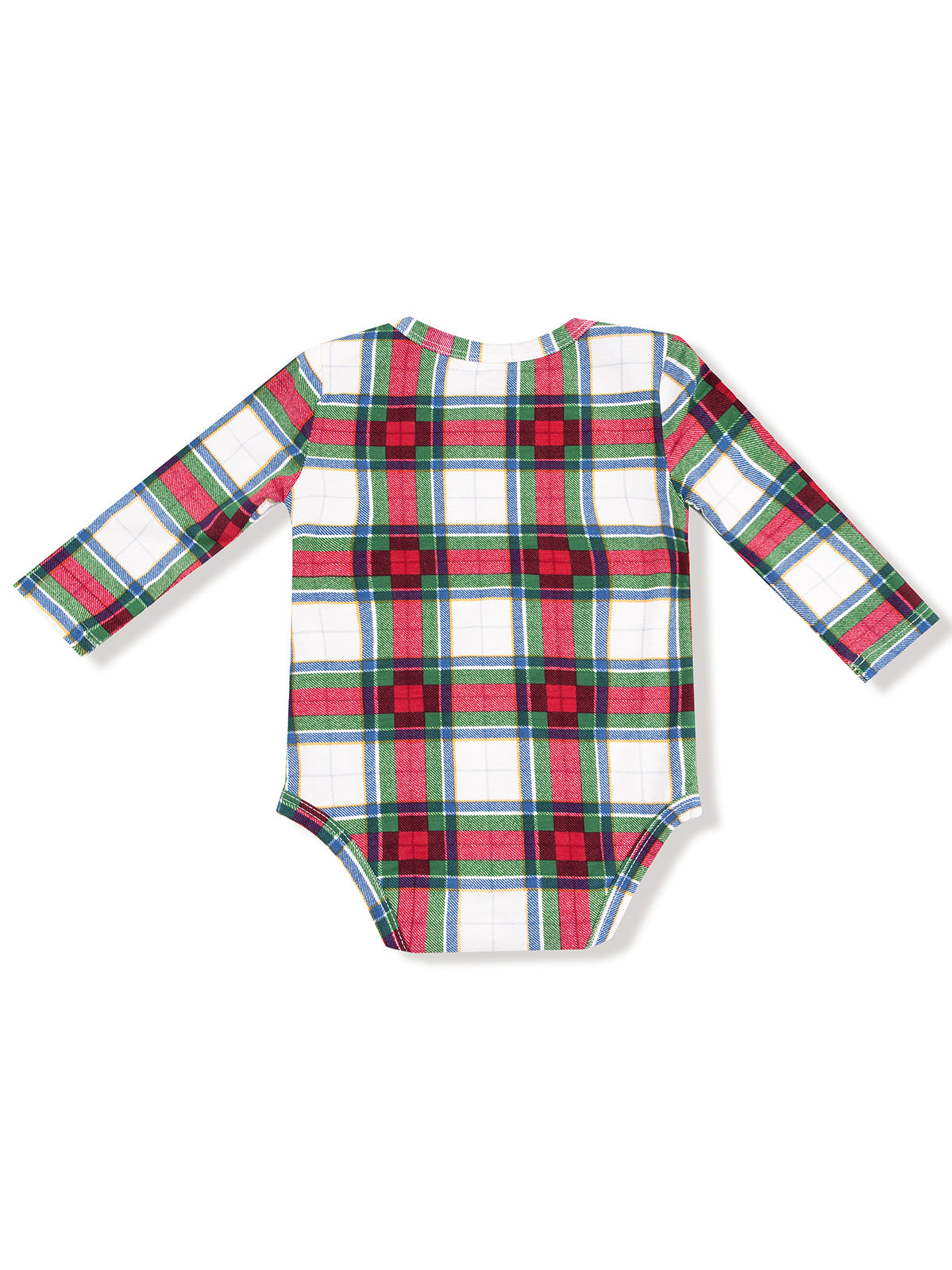 Long-sleeve plaid bodysuit in red, green, and blue on a white background, view of the back. Ideal for infants.