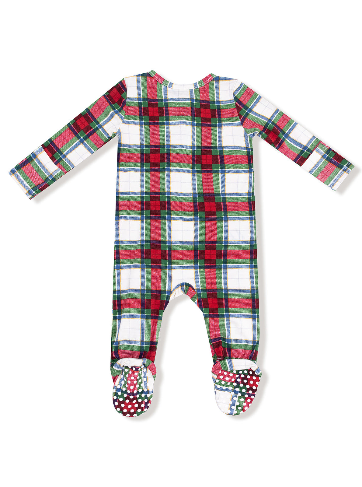 Red and green plaid baby onesie with footed design and polka dot soles, viewed from the back.