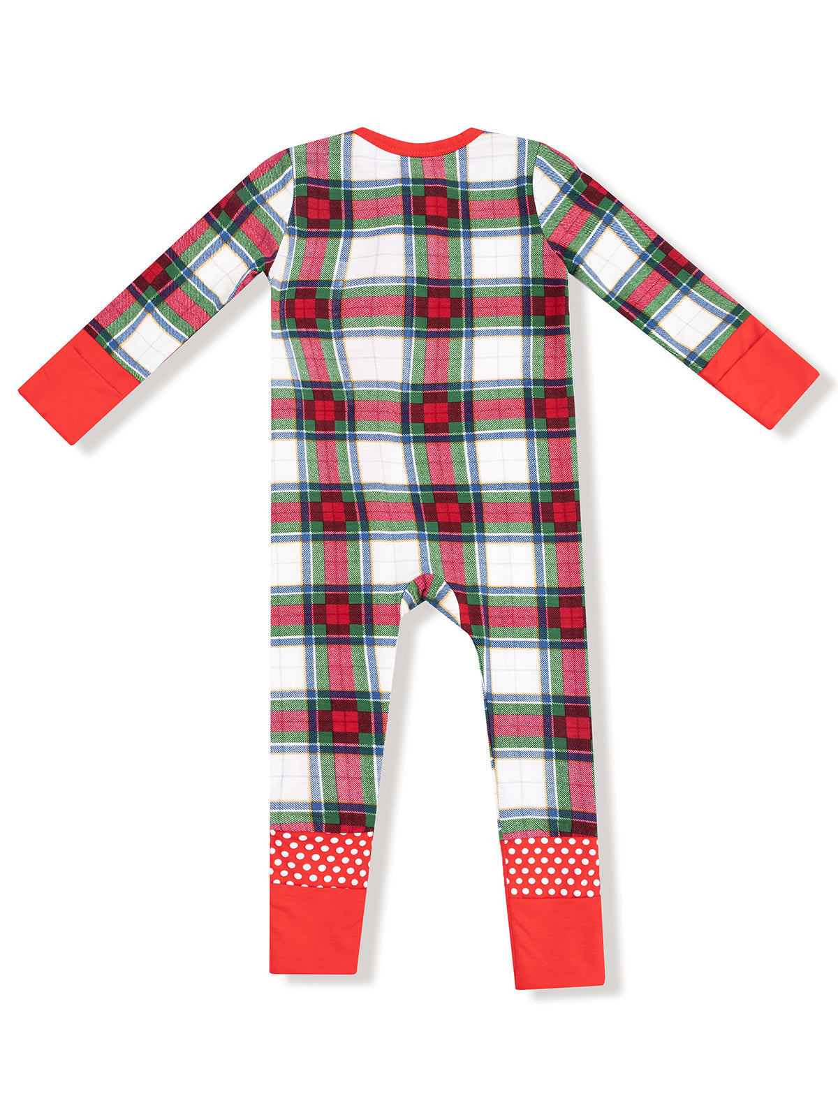 Red and green plaid kids’ onesie with long sleeves and polka dot cuffs. Back view of the outfit displayed.