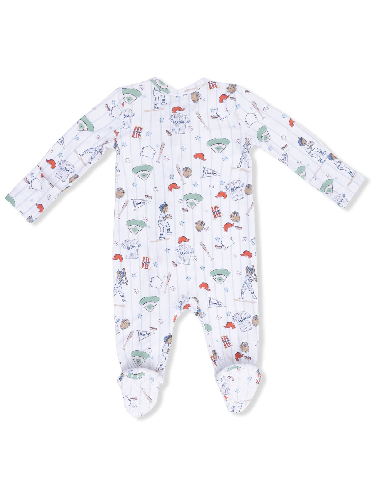 White baby onesie featuring playful baseball-themed illustrations and footed design.