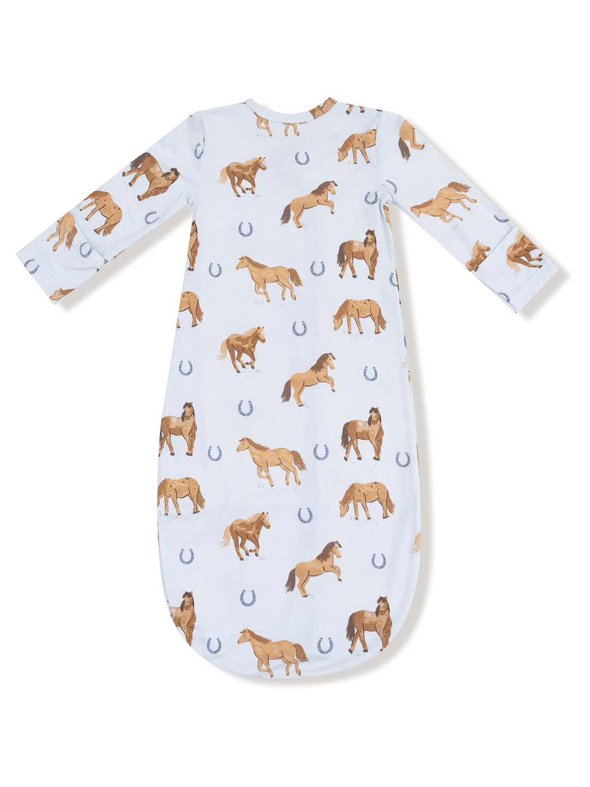 Light blue sleeping bag with horse and horseshoe patterns, perfect for a child.