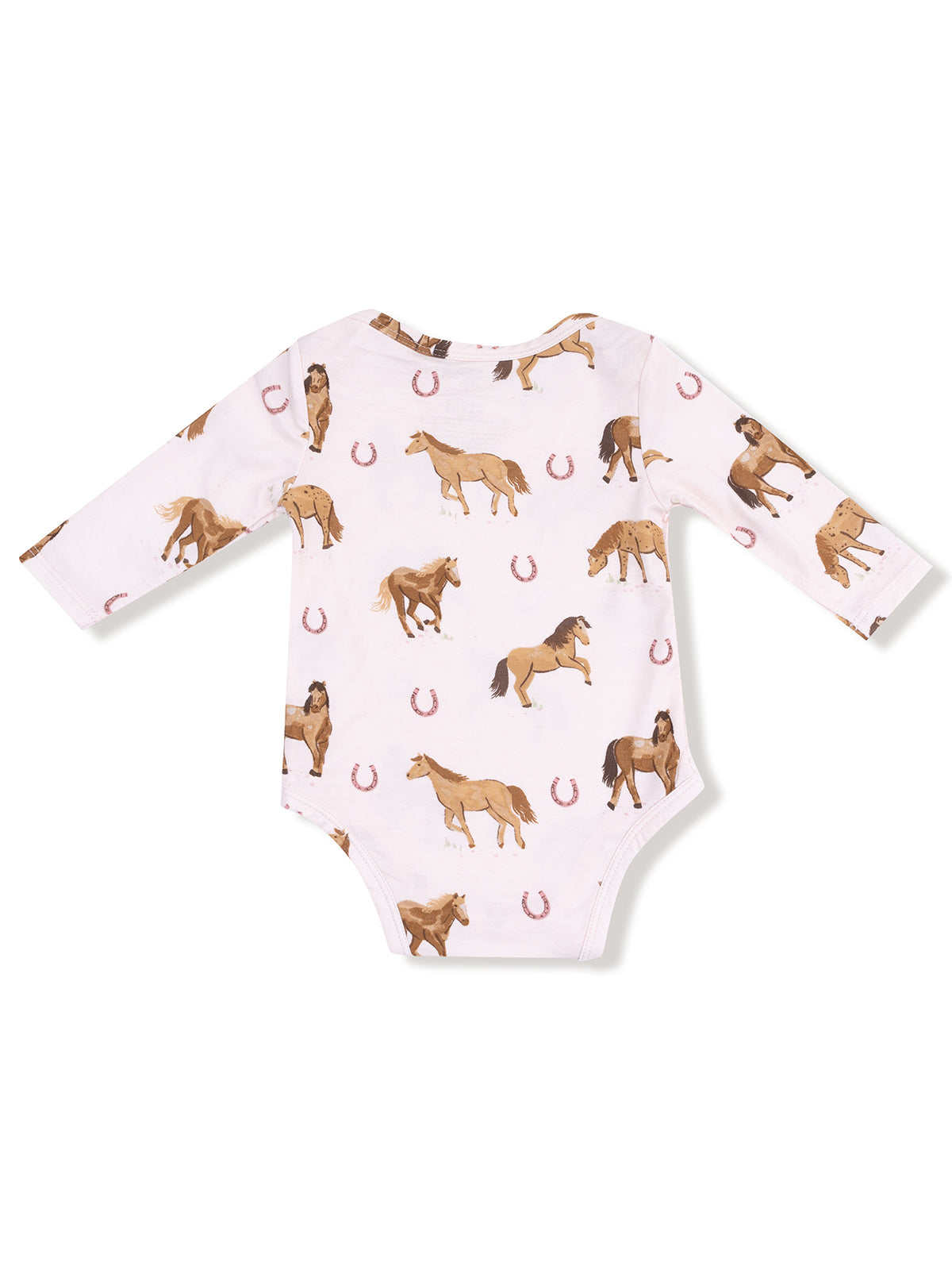 Baby onesie with horse prints and horseshoe designs on a light background. Long sleeves, casual and playful style.