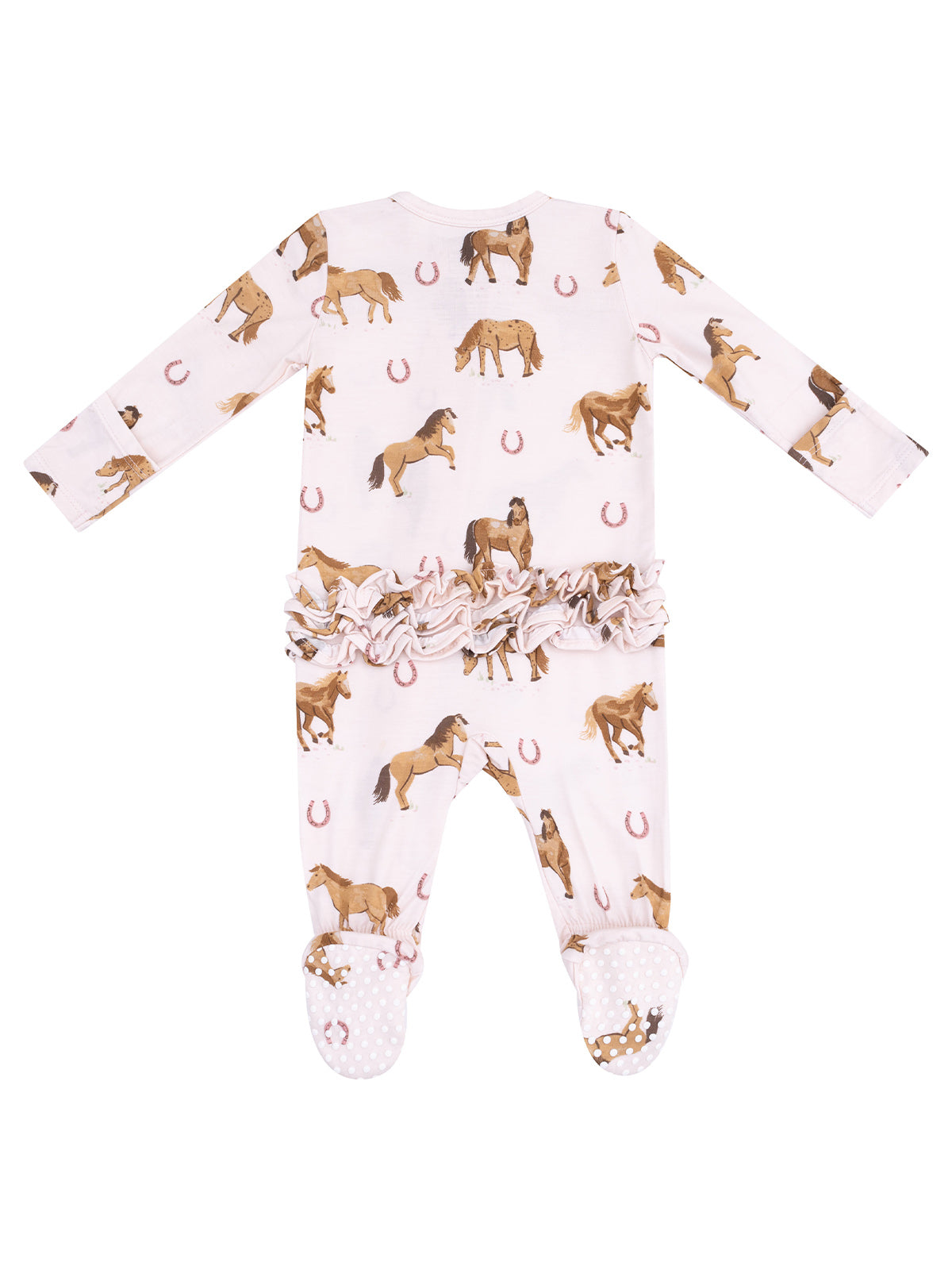 Baby onesie with horse print and frilly trim, featuring footed design and contrasting polka dot soles.