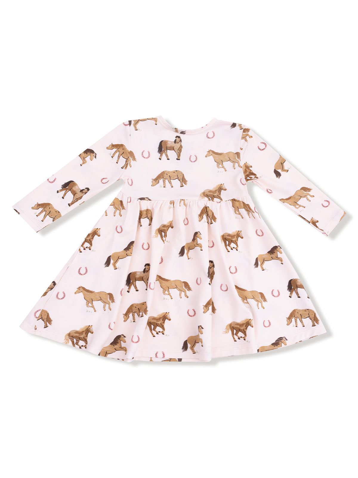 Long-sleeve girl’s dress featuring a playful horse print on a soft pink fabric.