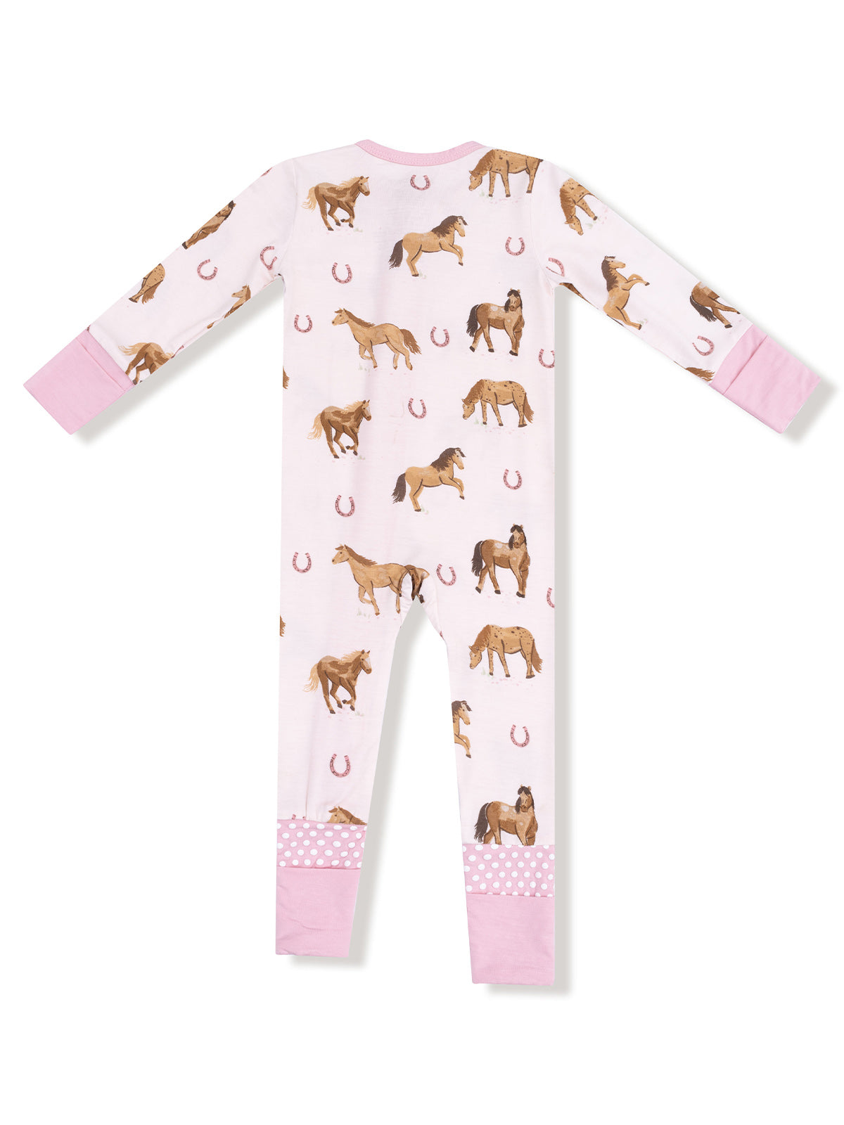 Back view of a children's pajama onesie with horse patterns and pink accents.