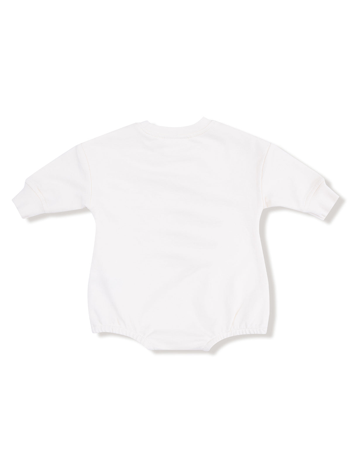 White baby bodysuit with long sleeves, featuring a simple, plain design and elasticized leg openings.