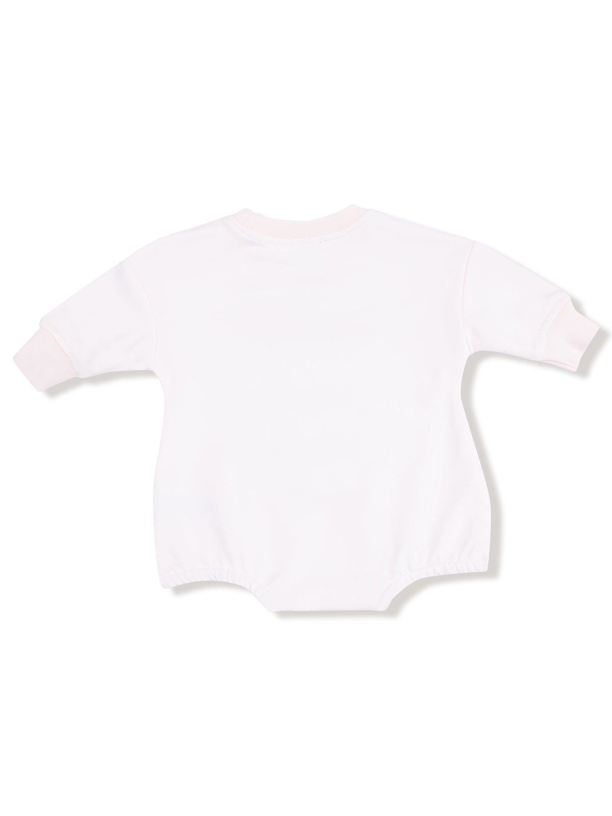 Back view of a white infant romper with light pink cuffs and neckline, featuring long sleeves.