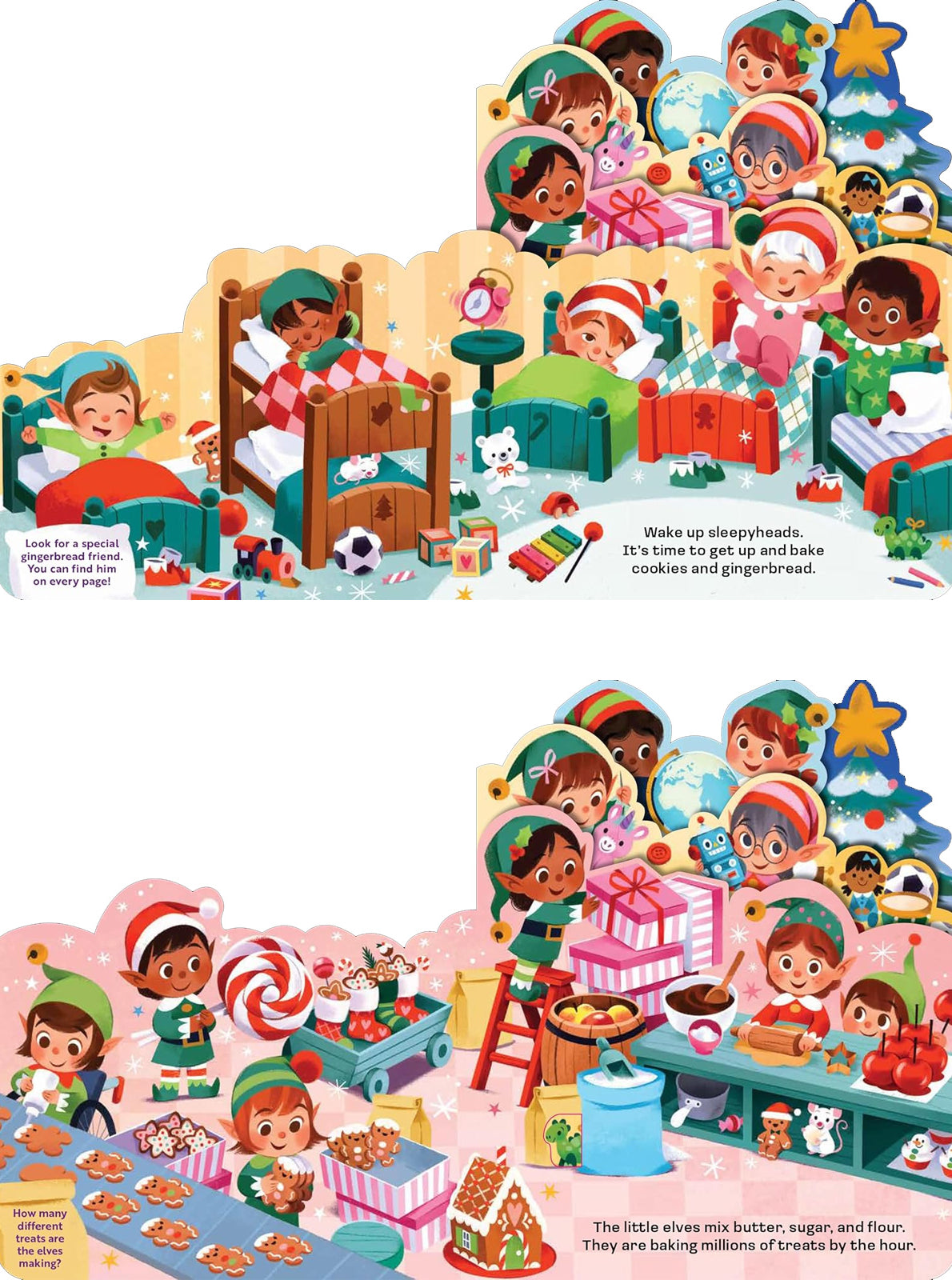 Colorful elves wake up, bake treats, and prepare for the holidays with cookies and gifts in a festive setting.