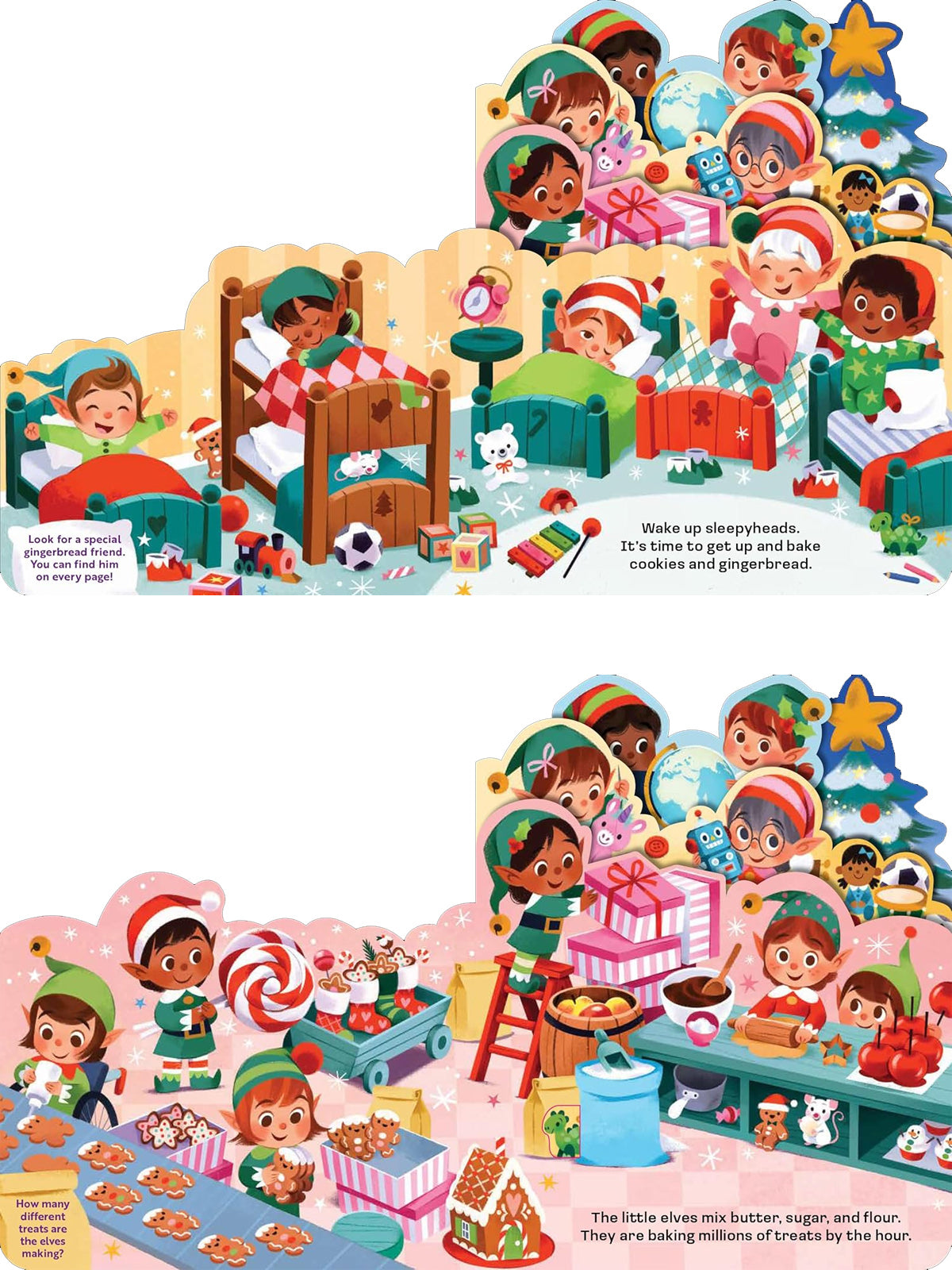 Colorful elves wake up, bake treats, and prepare for the holidays with cookies and gifts in a festive setting.