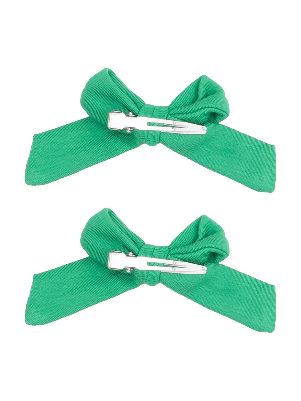 Two green fabric hair bows with metal clips arranged symmetrically.