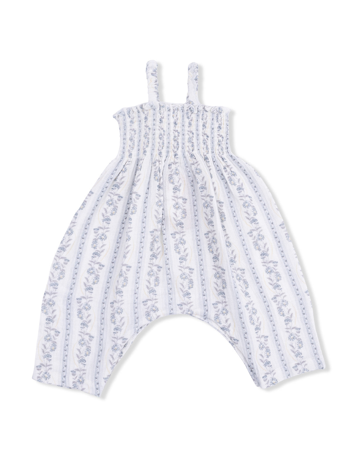 White and blue floral print jumpsuit with thin straps and a relaxed fit. Ideal for casual wear.