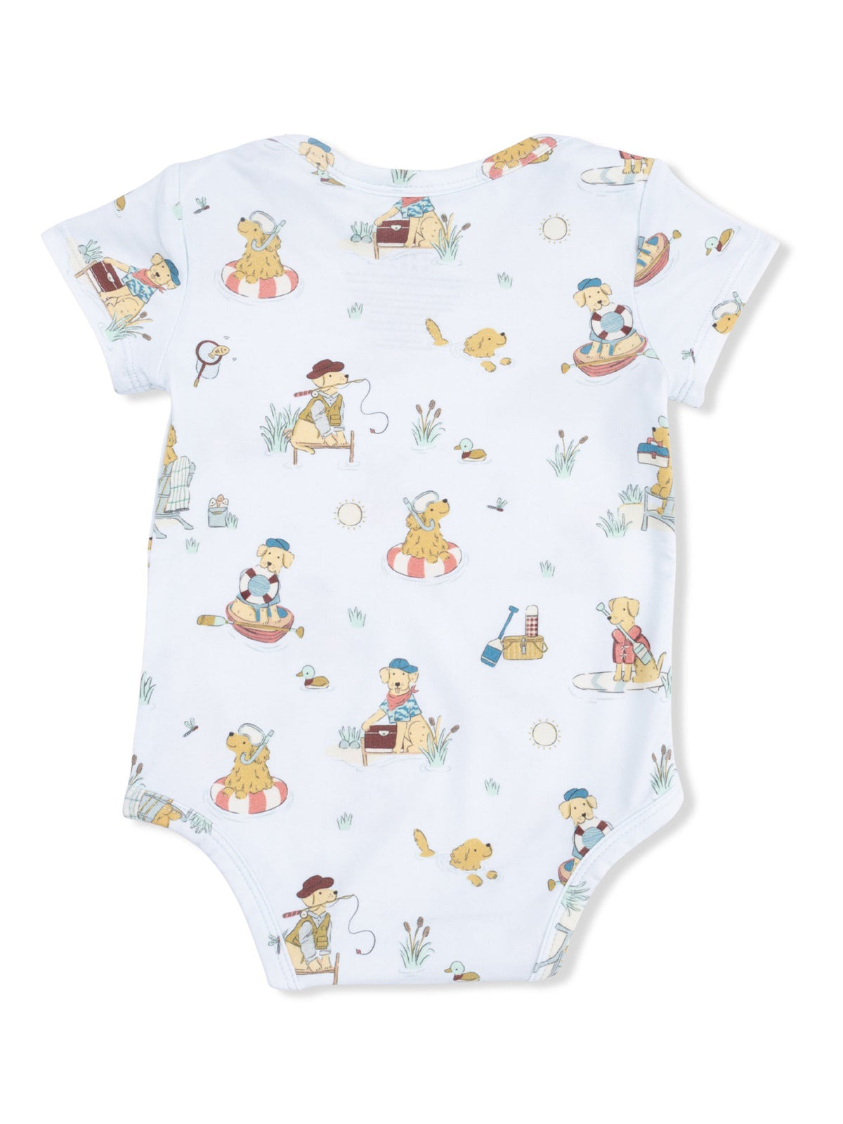 Light blue baby onesie featuring playful, cartoon dogs engaged in various outdoor activities.