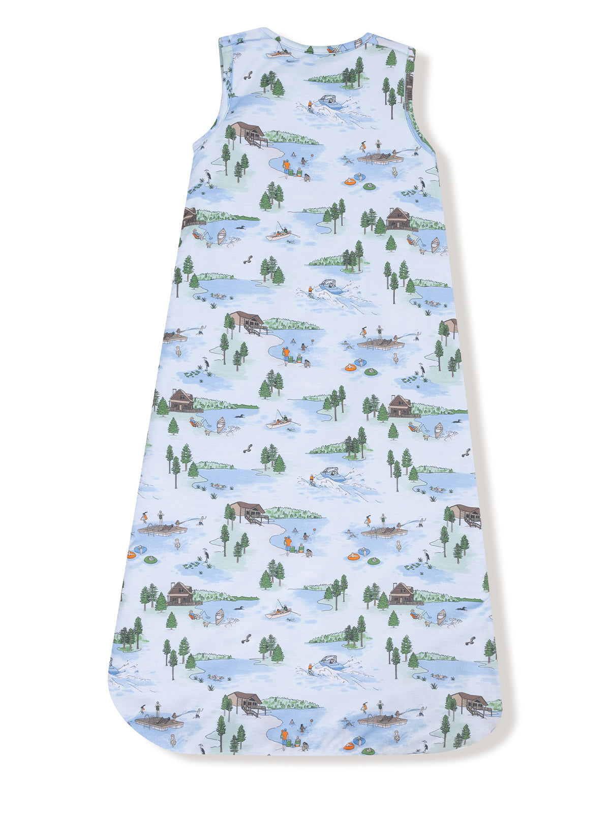 Children's sleep sack featuring playful outdoor scenes with water activities, trees, and cabins.