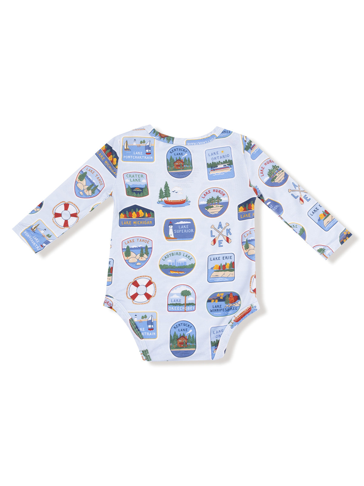 Long-sleeve toddler onesie with a colorful lake-themed print featuring various lake names and icons.
