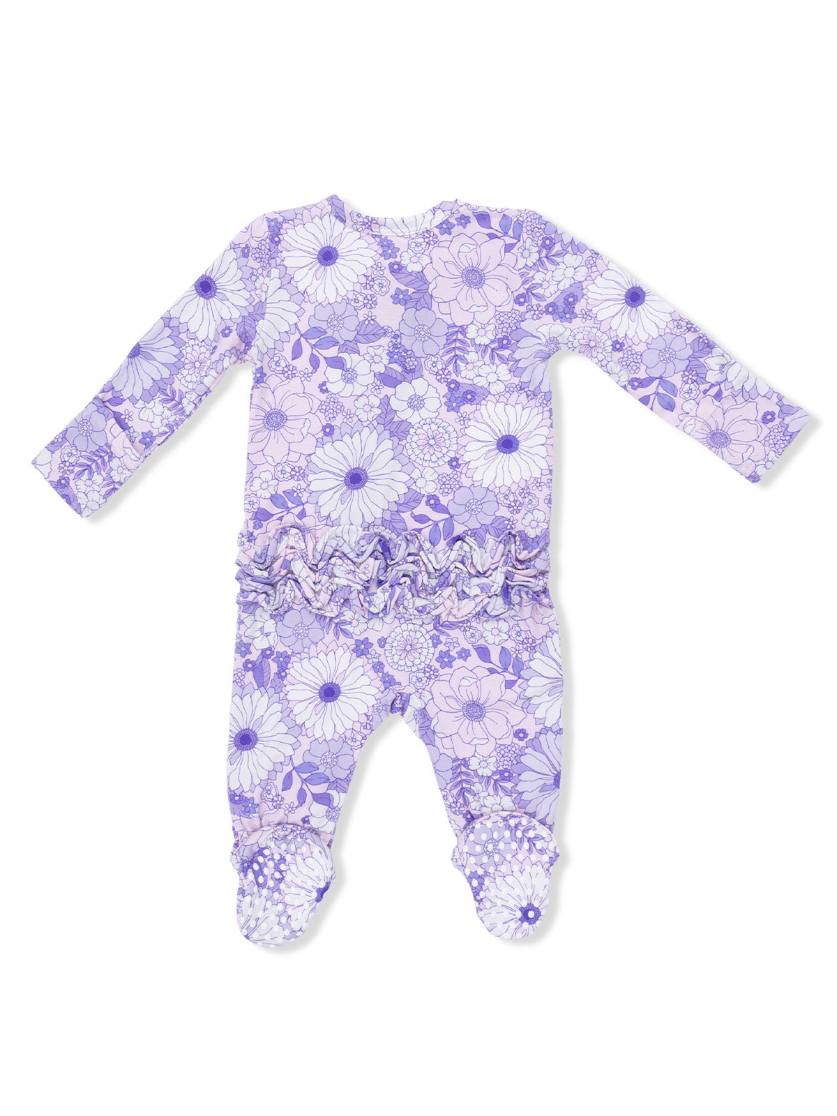 Purple floral-patterned romper with long sleeves and ruffled waist, featuring footed bottoms. Ideal for infants.