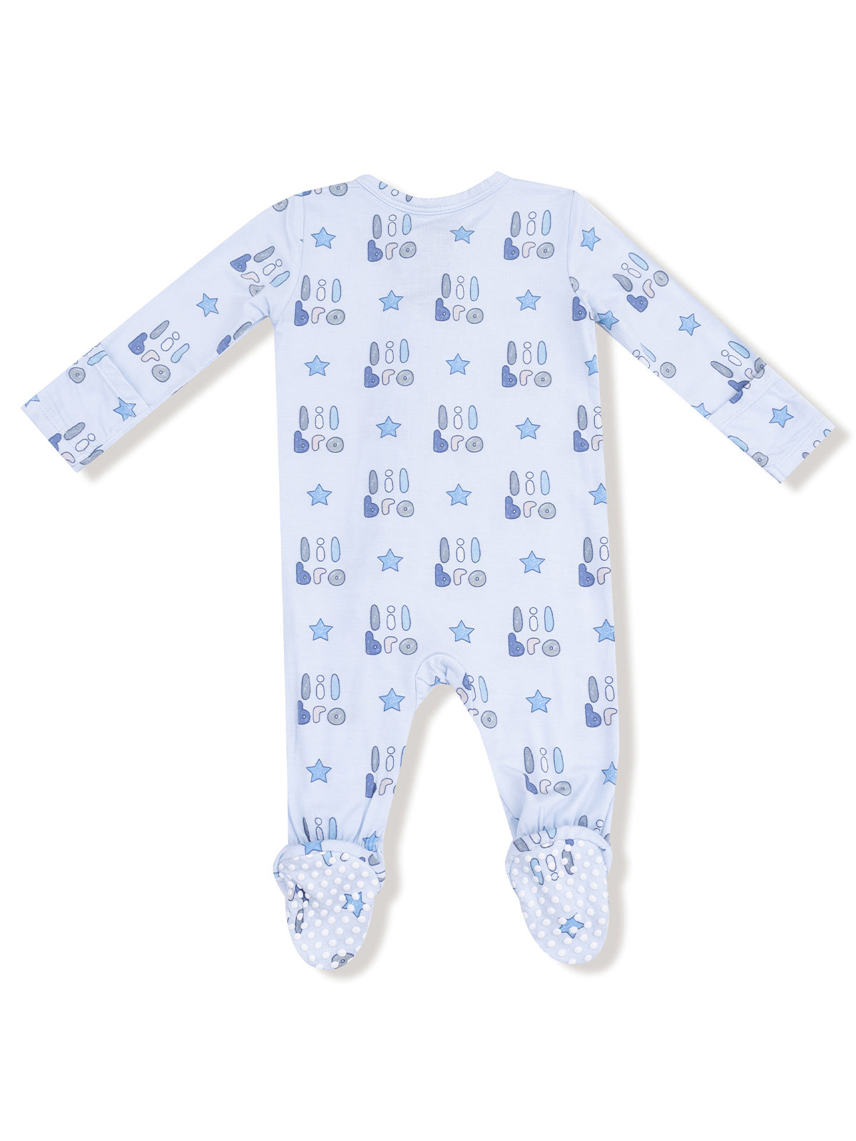 Light blue baby onesie with playful patterns of stars and text, featuring booties with polka dots.