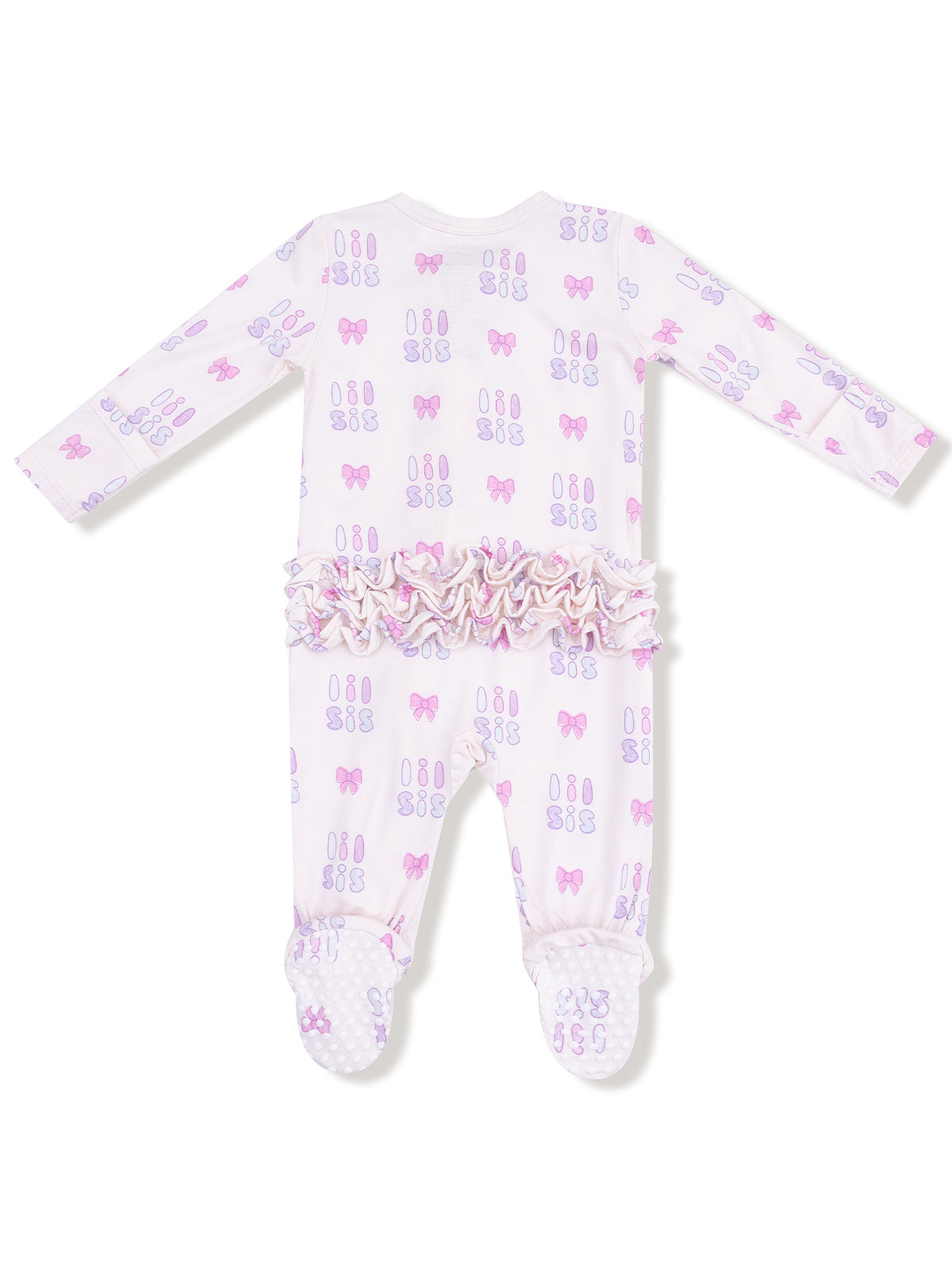 Light pink infant onesie with bow patterns and ruffled waistband, featuring footed legs.