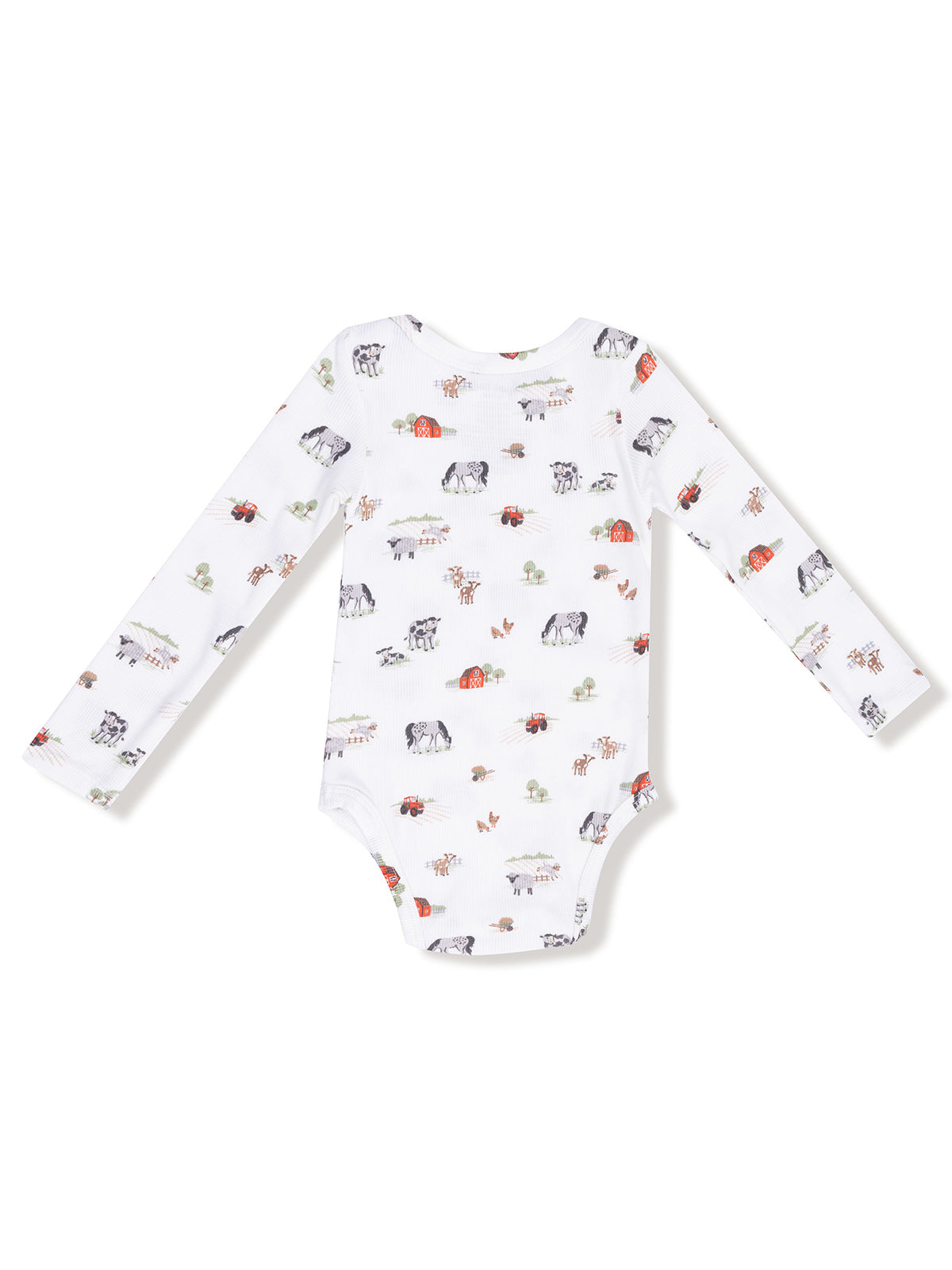 Long-sleeve baby bodysuit featuring a farm animal print on a white background.