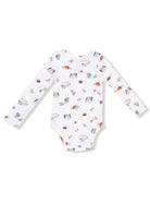 Long-sleeve baby bodysuit featuring a farm animal print on a white background.