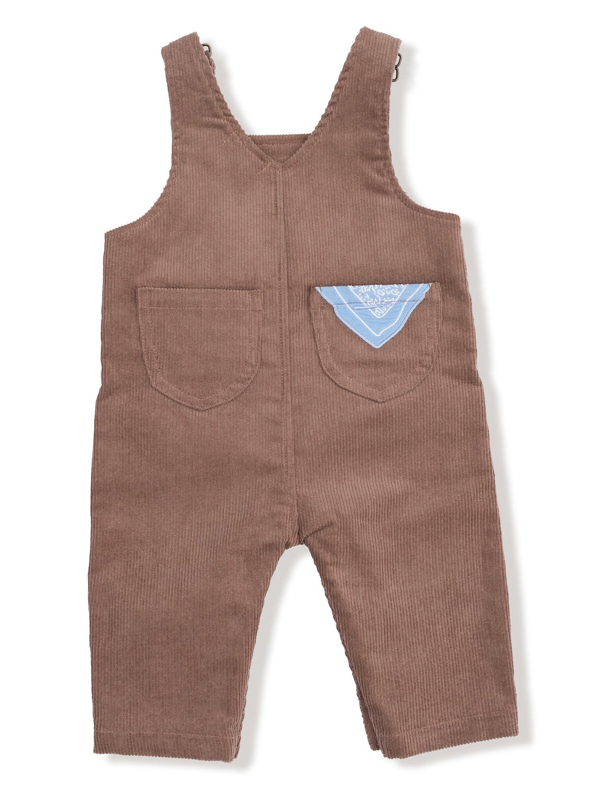 Brown corduroy overalls with a blue bandana pocket detail. Suitable for casual wear.
