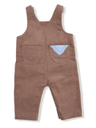 Brown corduroy overalls with a blue bandana pocket detail. Suitable for casual wear.