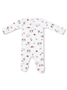 White baby onesie with farm animal patterns, featuring cows, barns, and tractors, designed for comfort and play.