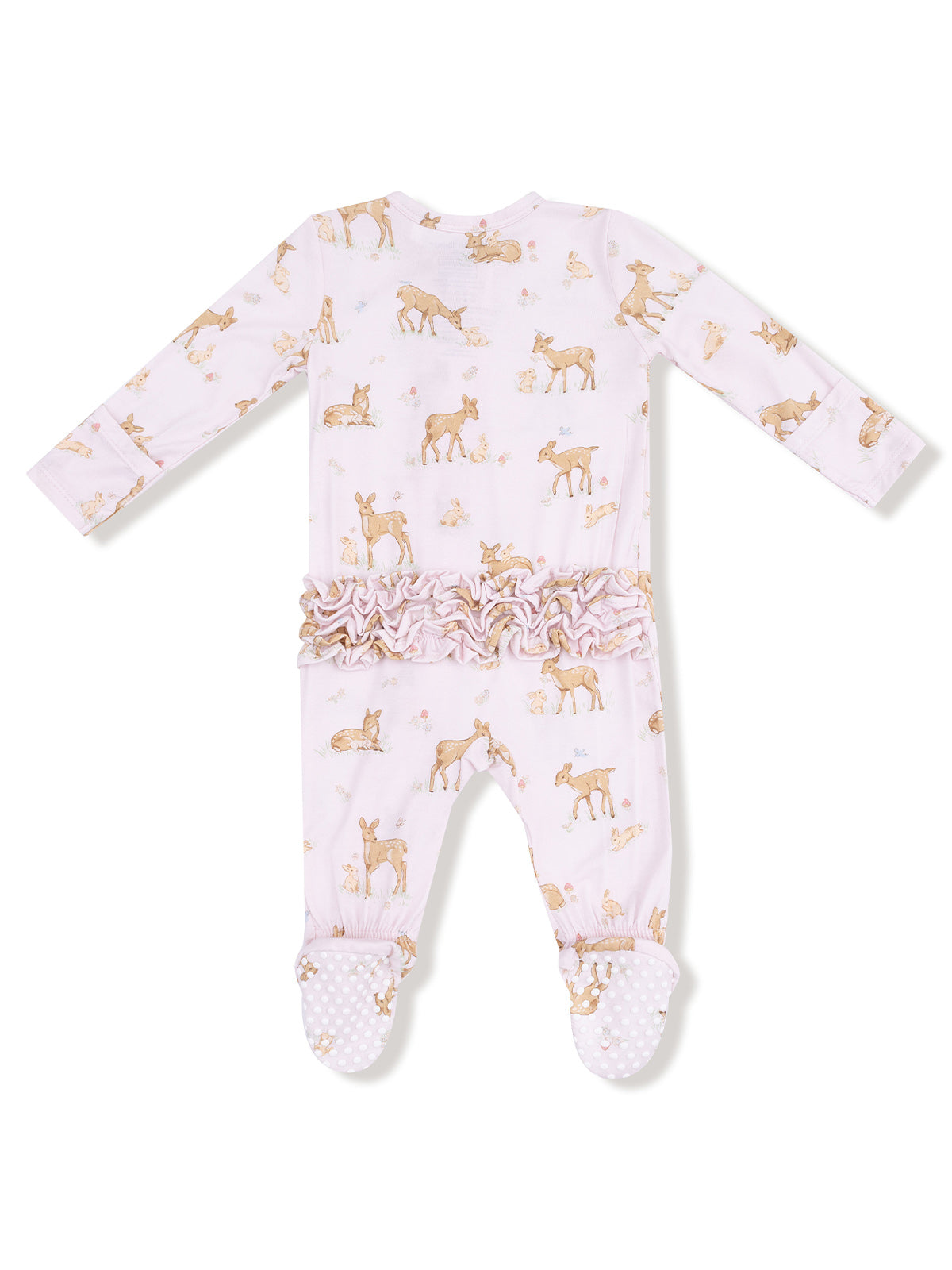 Pink baby onesie with deer and rabbit prints, featuring ruffled waist and non-slip footed bottoms.