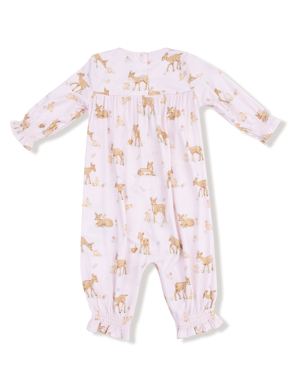Light pink onesie with animal prints, featuring long sleeves and gathered cuffs. Ideal for toddlers and infants.