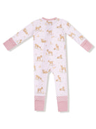 Light pink children's pajamas with deer and animal patterns, featuring polka dot cuffs.