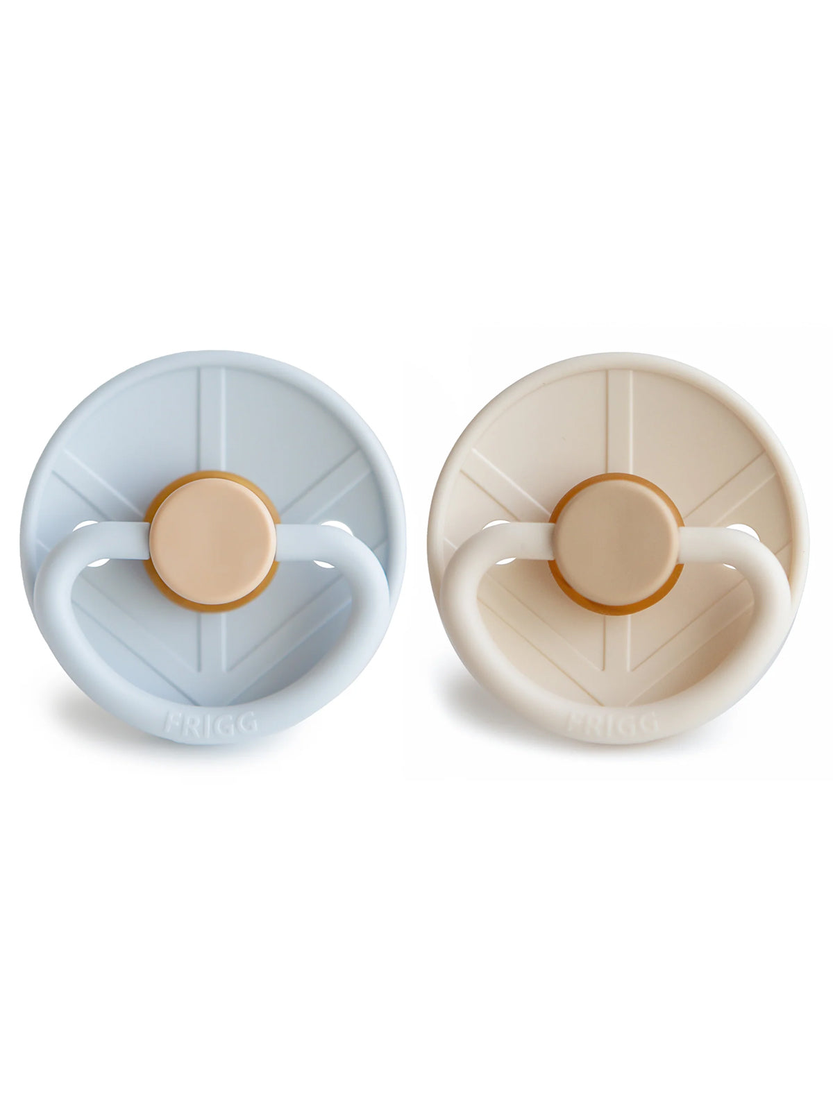 A pair of silicone pacifiers in light blue and beige with rounded grips and a stylish design.