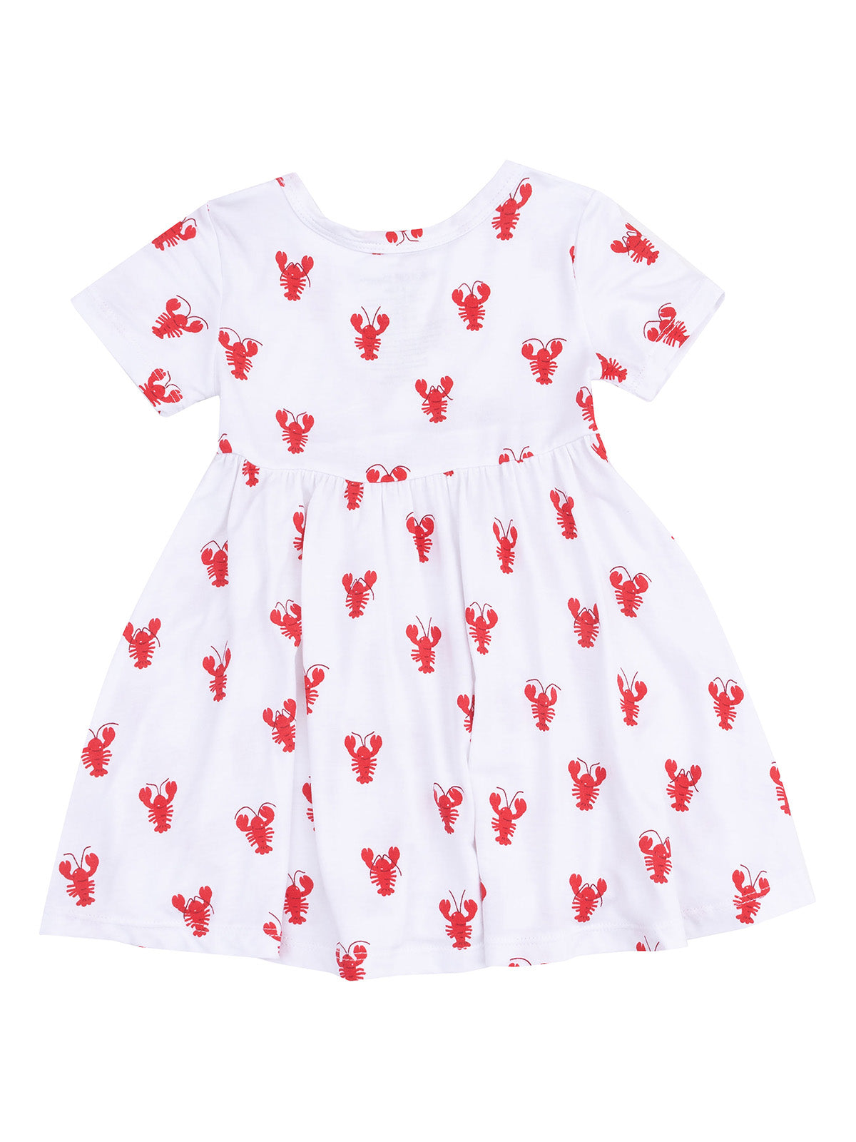 White dress with red lobster print, short sleeves, and flared skirt design for kids. Perfect for summer wear.