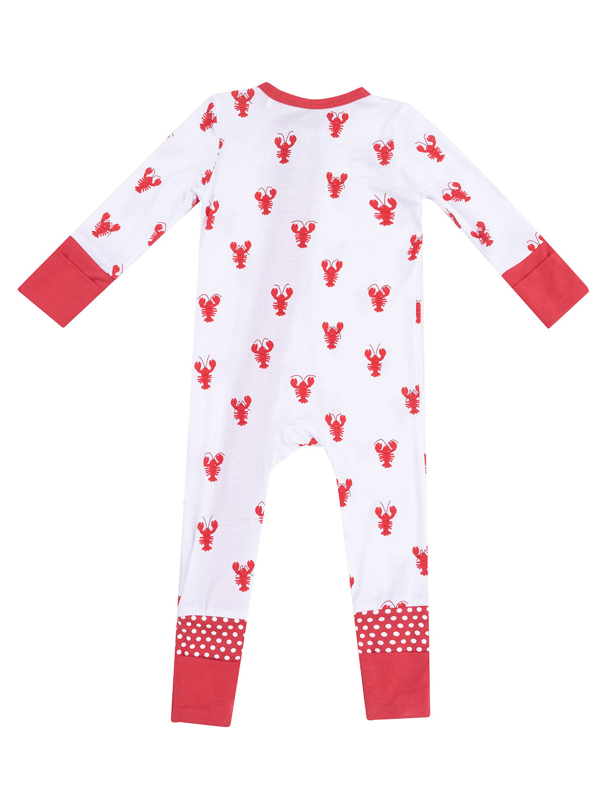 Red lobster-patterned children's pajamas with long sleeves and polka dot cuffs.