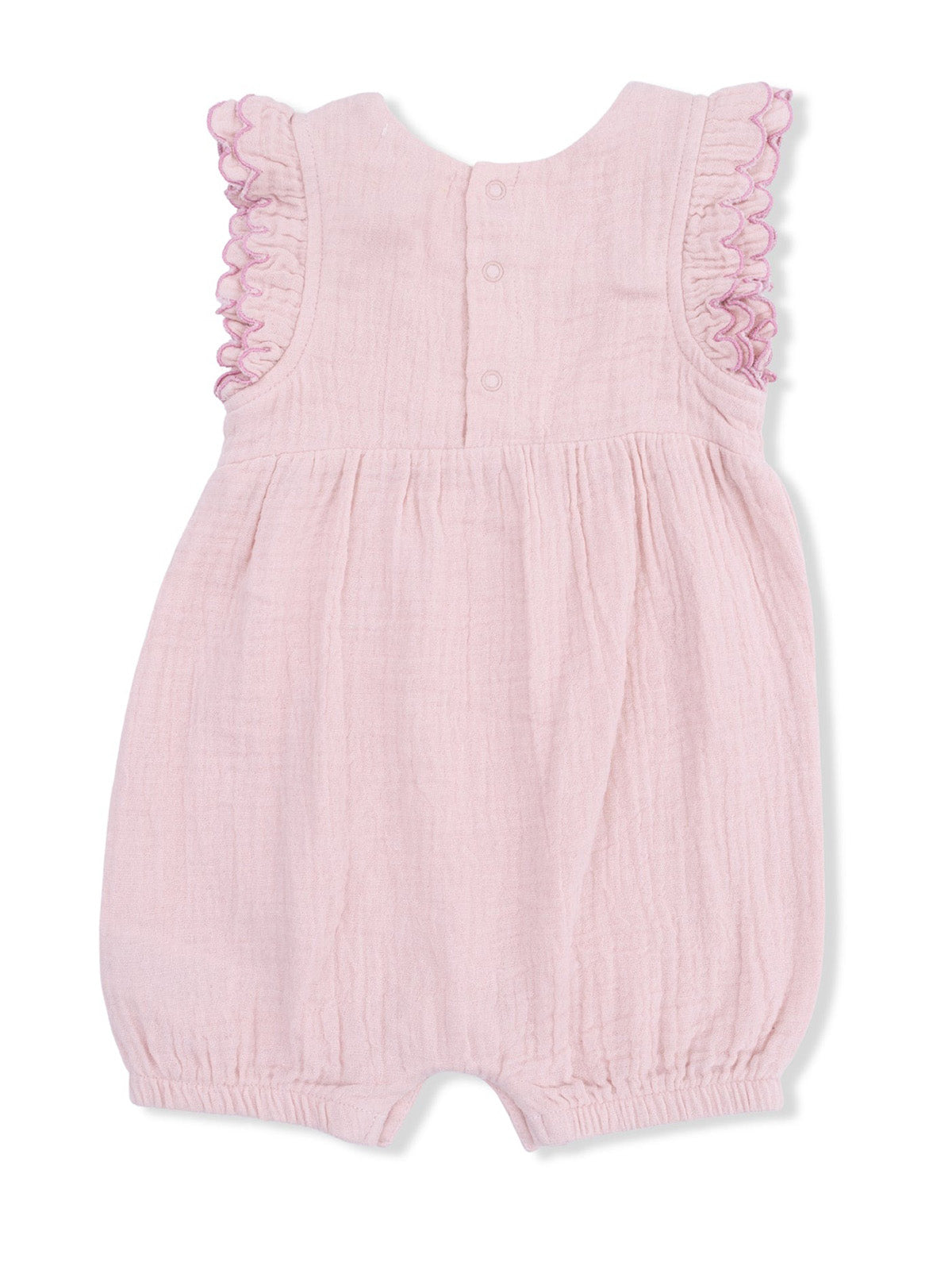 Light pink baby romper with ruffled sleeves and button closure on the back. Soft, breathable fabric.