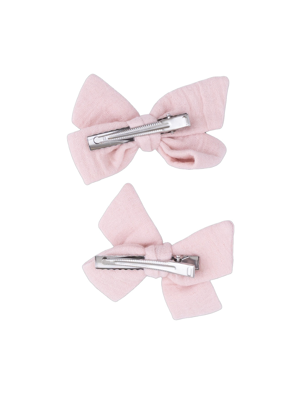 Two pink fabric hair bows with metal clips on a white background.
