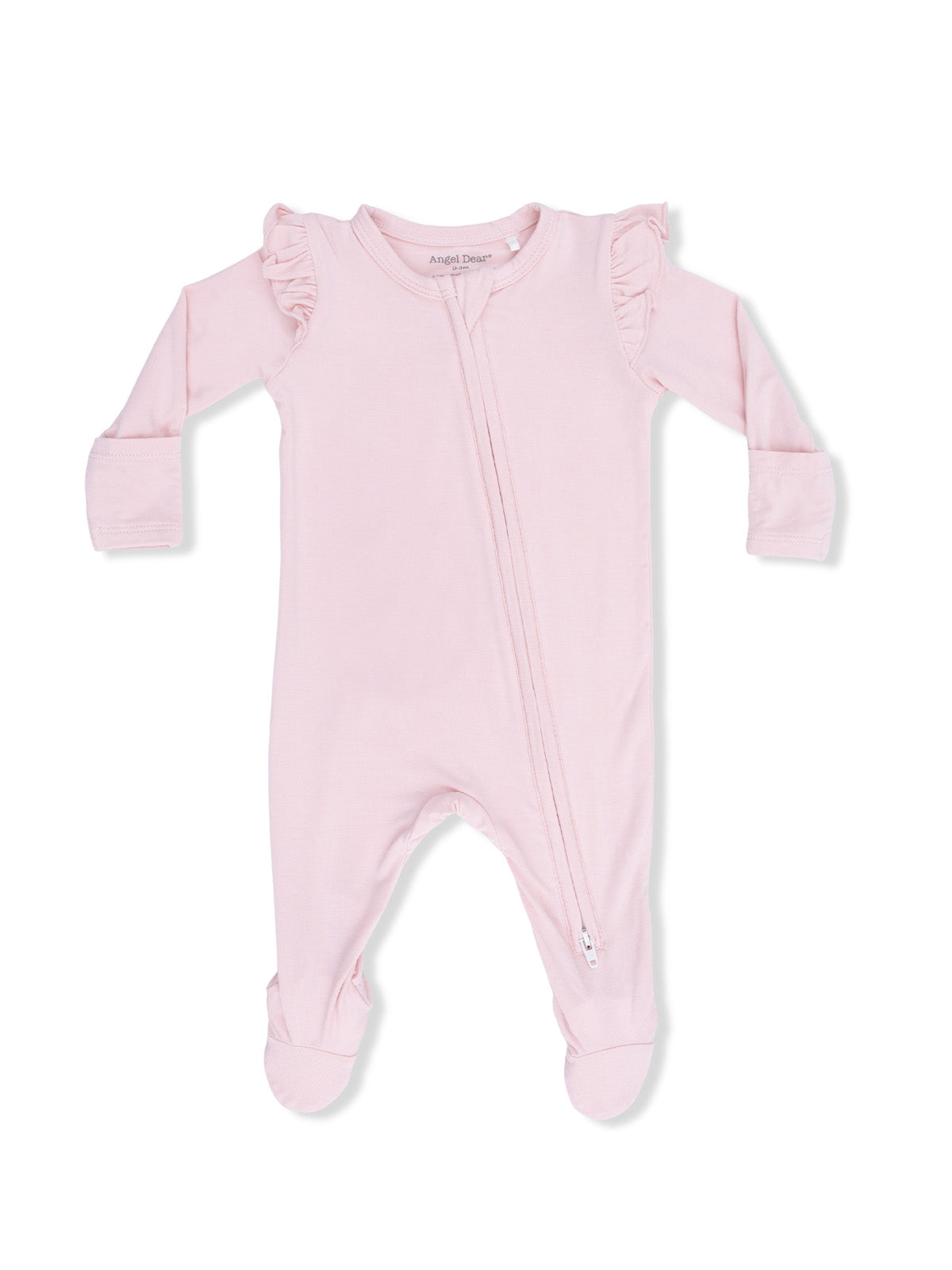 Light pink baby onesie with ruffles, featuring a front zipper and footed design for comfort and style.