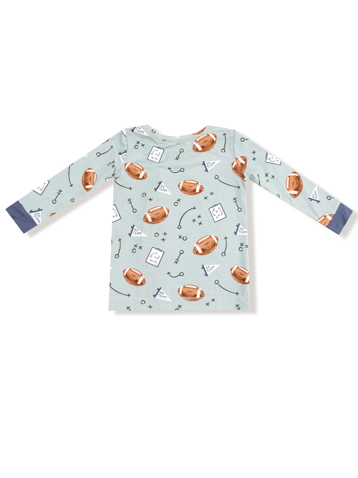 Light blue long-sleeve shirt featuring a football pattern with game strategy symbols and team flags.