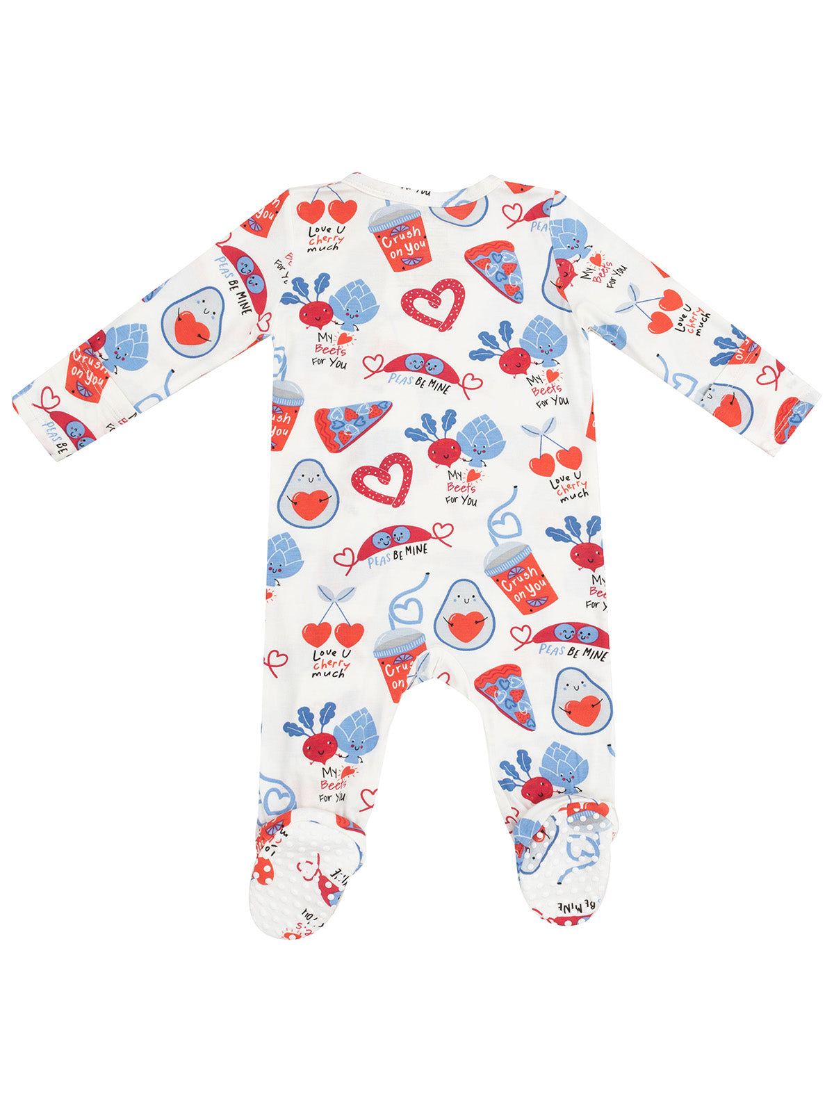 White baby onesie with colorful food and love-themed prints, including hearts and cute characters.