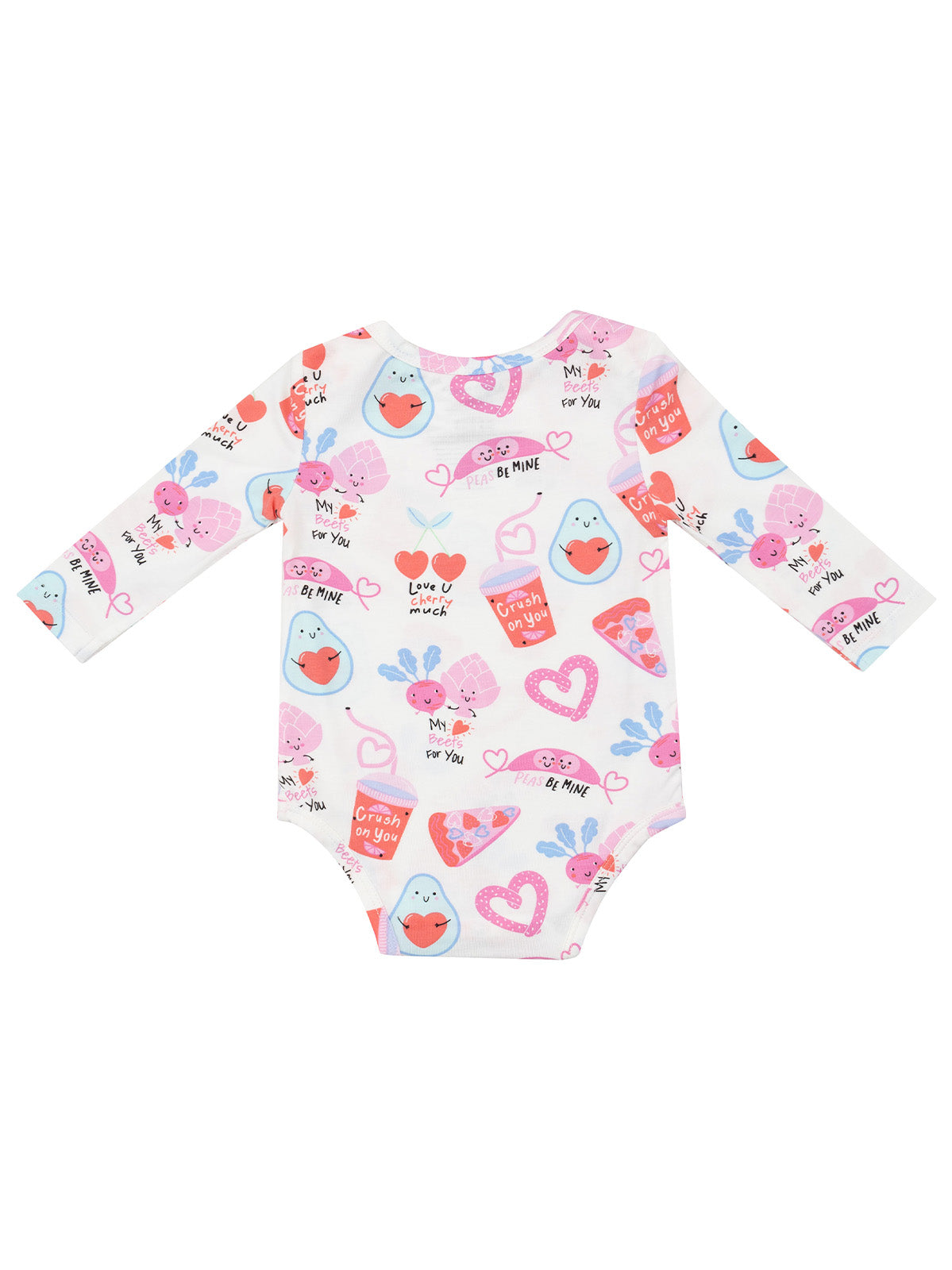 Baby onesie with colorful, playful prints of hearts, food items, and cute characters on a white background.