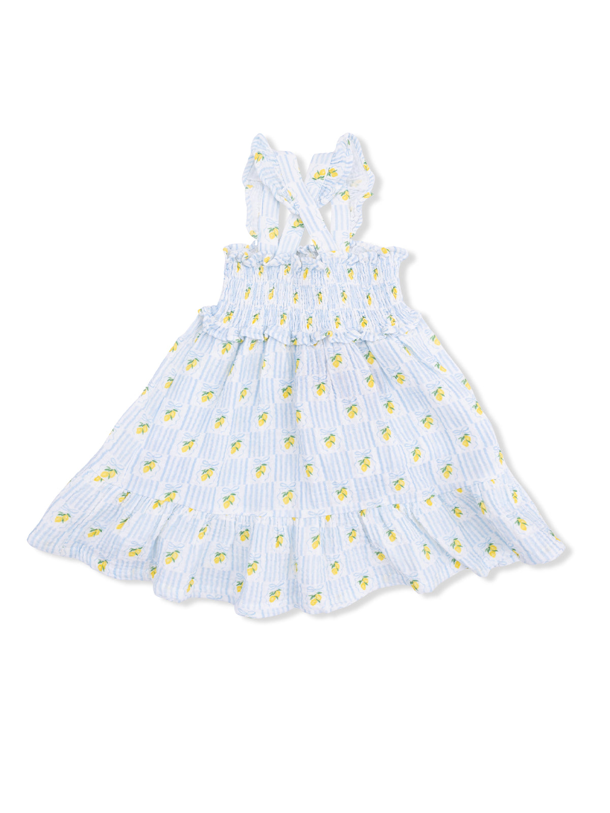 Light blue sundress with yellow lemon patterns and adjustable straps. Ideal for warm weather.