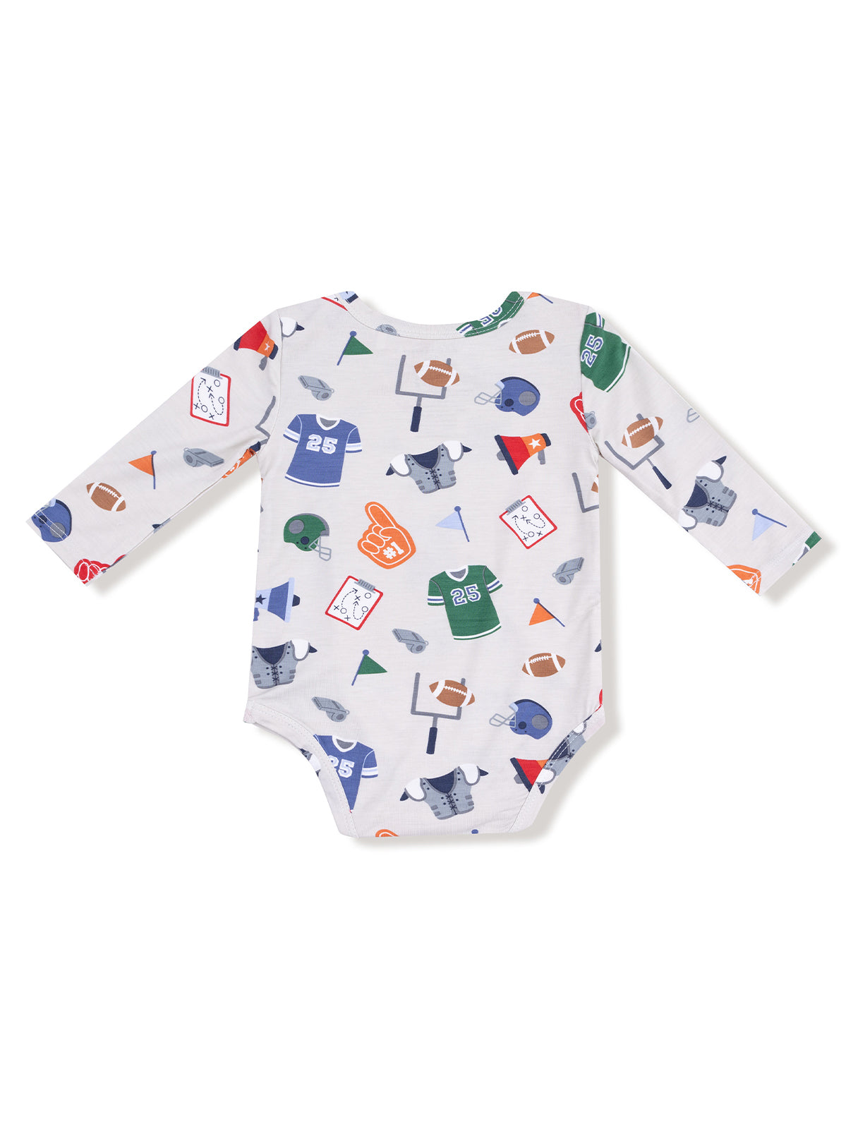 Long-sleeve baby bodysuit with playful sports-themed patterns in vibrant colors.