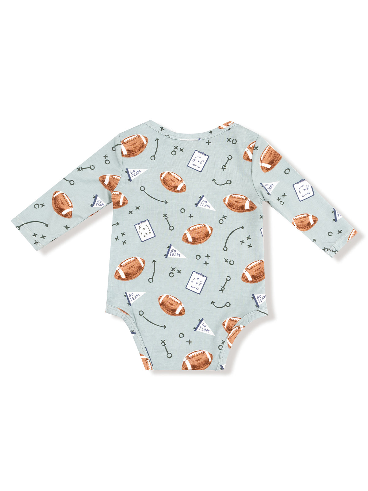 Light blue baby onesie with football and play pattern, featuring long sleeves and a round neck.