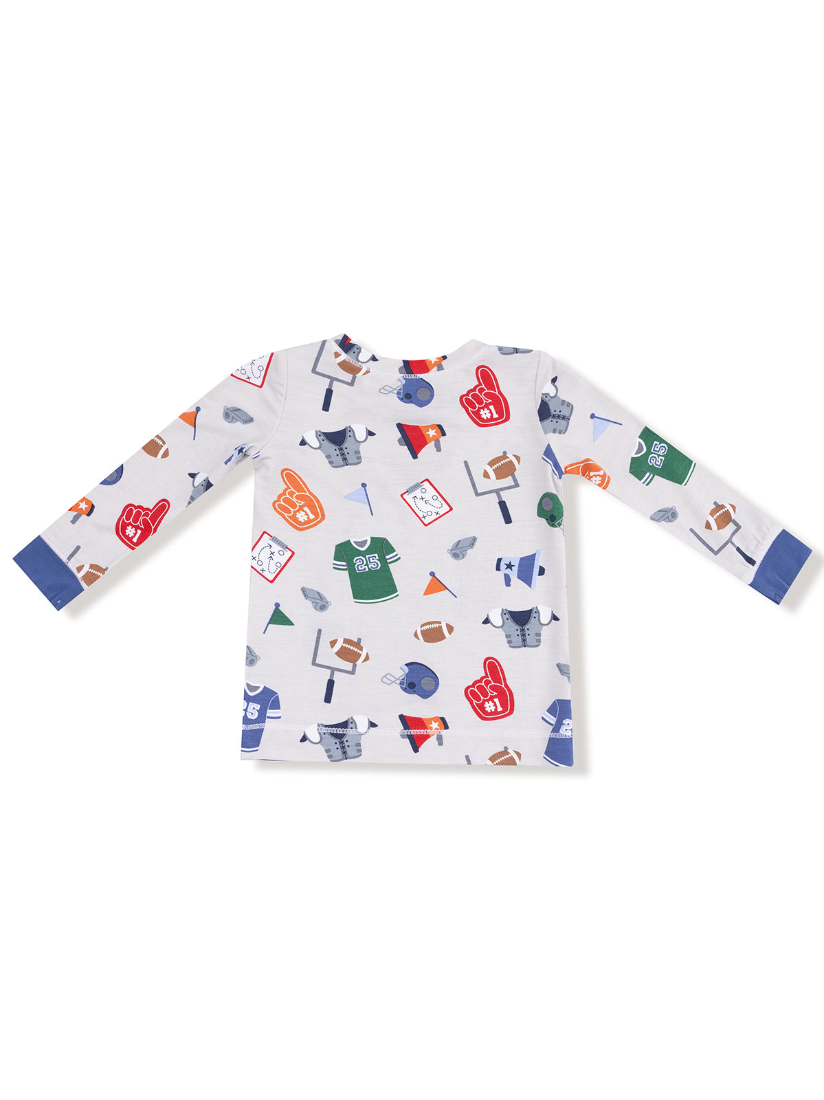 Long-sleeve shirt with colorful sports-themed patterns, including helmets and jerseys on a light background.