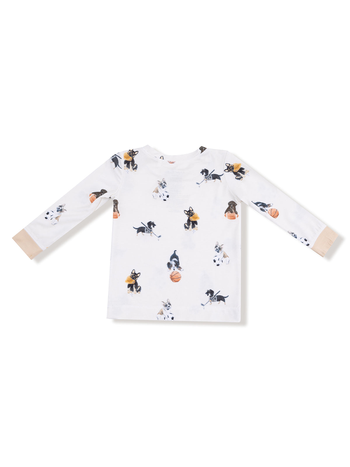 White long-sleeve shirt with playful dog prints engaging in various sports.