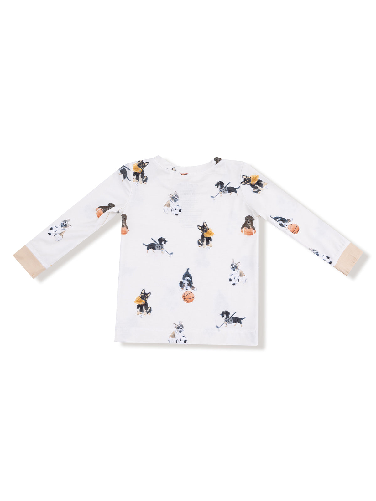 White long-sleeve shirt with playful dog prints engaging in various sports.