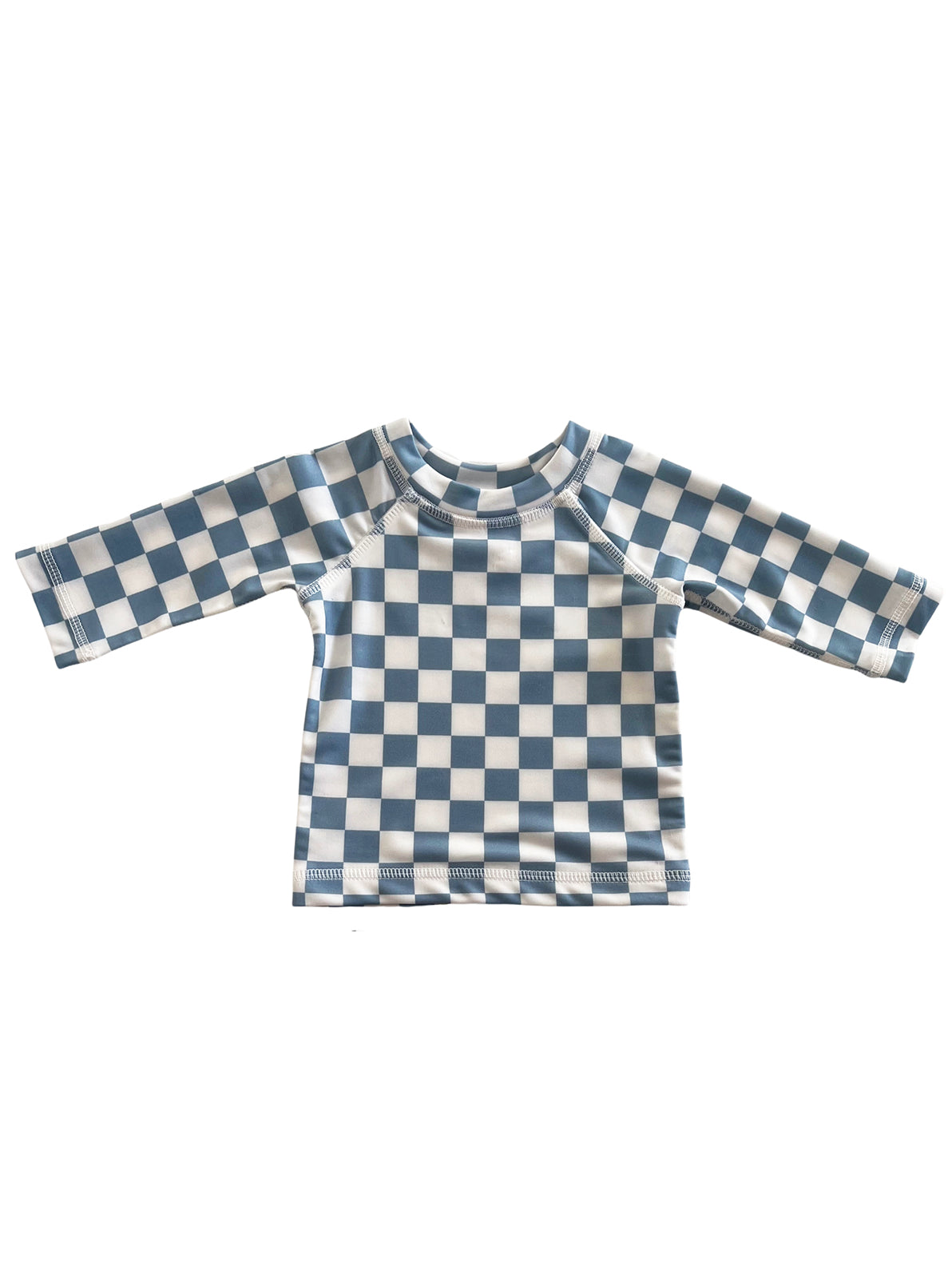 Blue and white checkered long-sleeve swim shirt for children, suitable for sun protection.