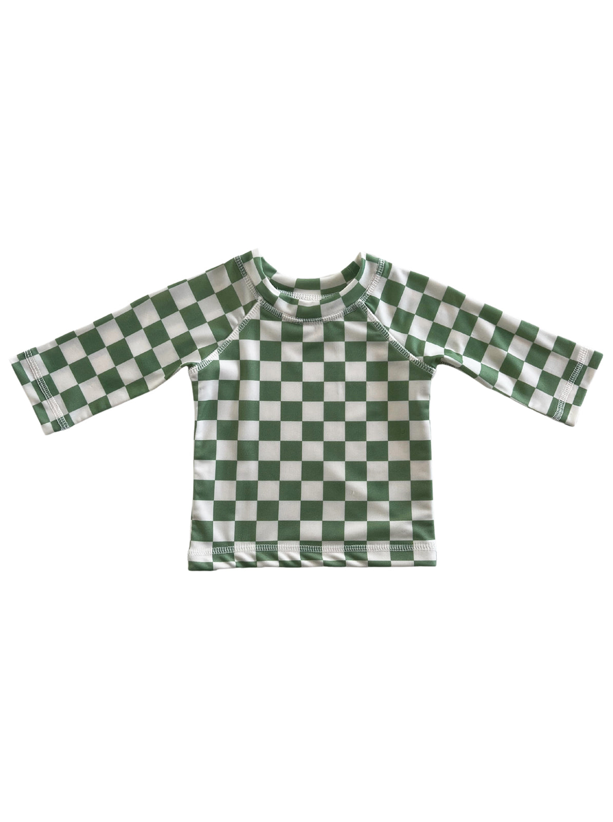 Green and white checkered long-sleeve shirt laid flat on a white background.